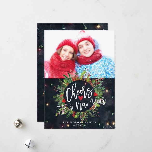 Cheers To A New Year Script Wreath Greeting Photo Holiday Card