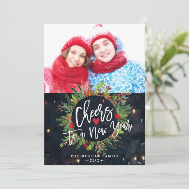 Cheers To A New Year Script Wreath Greeting Photo Holiday Card
