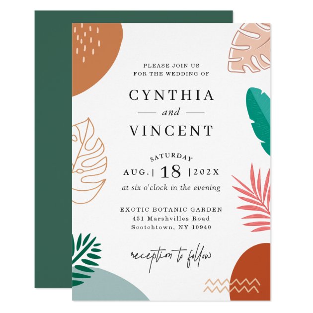 Modern Abstraction Tropical Leaves Summer Wedding Invitation