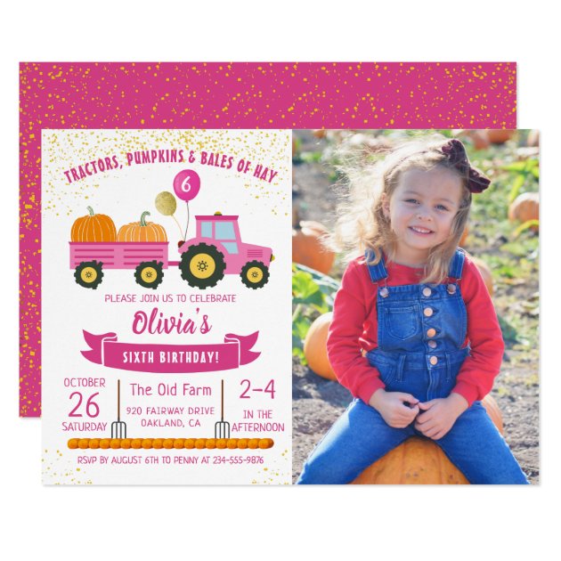 Girls Pink Tractor Pumpkin Fall Birthday Photo Invitation