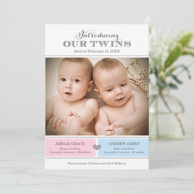 Twins Photo Birth Announcement Card | Girl And Boy