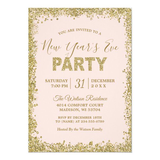 Blush Pink Gold Glitters New Year Eve Party Card