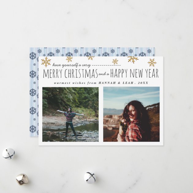 Merry Christmas & Happy New Year Script Two Photos Holiday Card