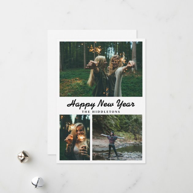 Happy New Year Typography Casual | Three Photos Holiday Card
