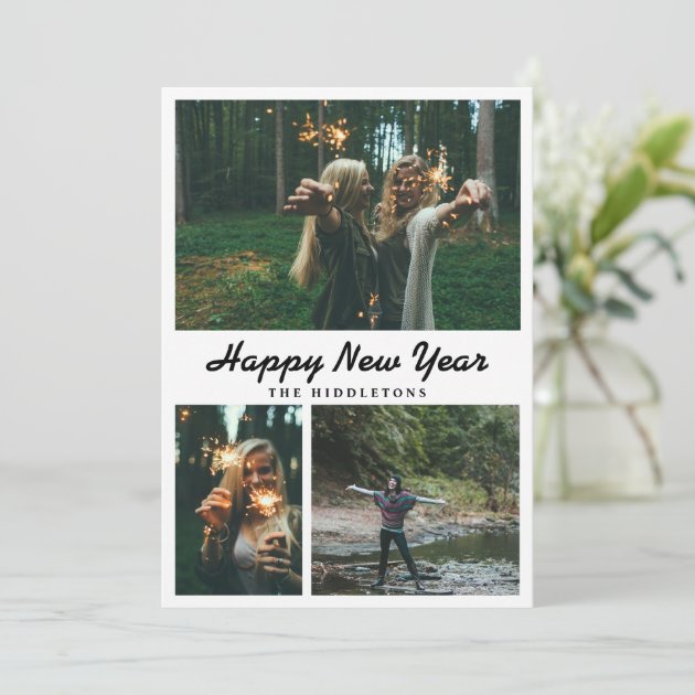 Happy New Year Typography Casual | Three Photos Holiday Card