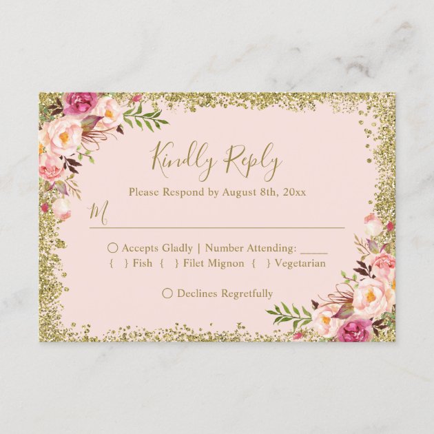 Blush Pink Gold Glitters Floral RSVP Reply
