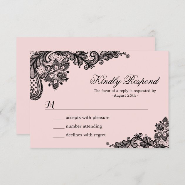 Classy Pink With Black Lace Wedding RSVP Card
