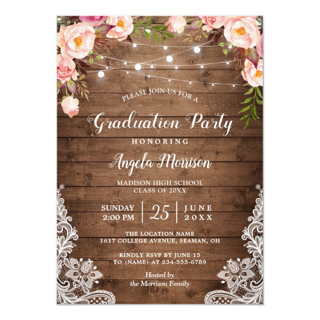 2018 Graduation Party Rustic Floral String Lights Invitation