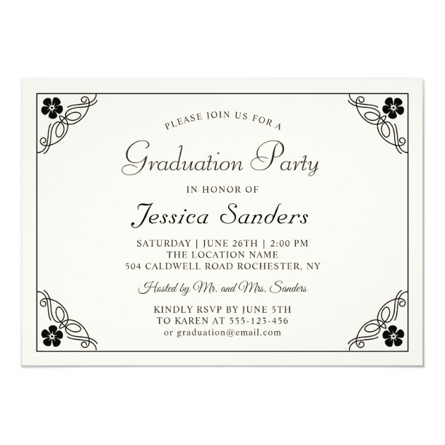 Elegant Ivory Black Script Photo Graduation Party Card
