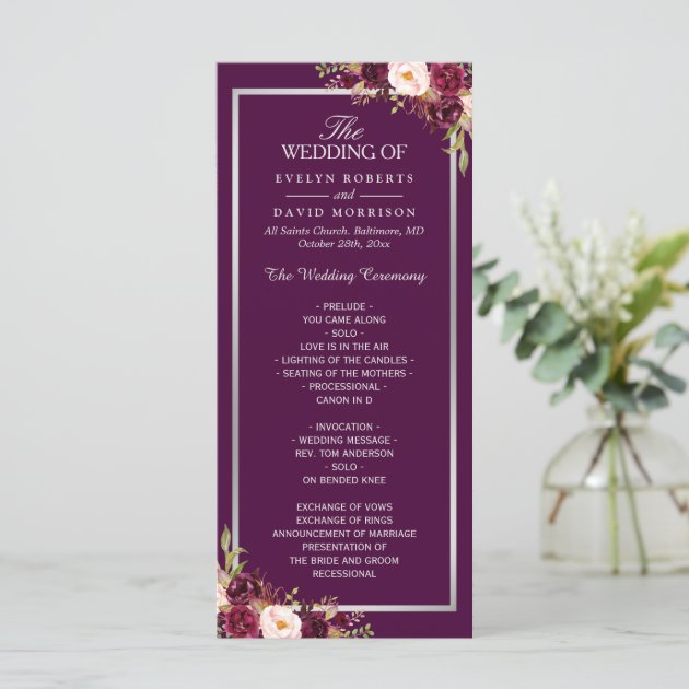 Plum Purple Floral Silver Gray Wedding Program
