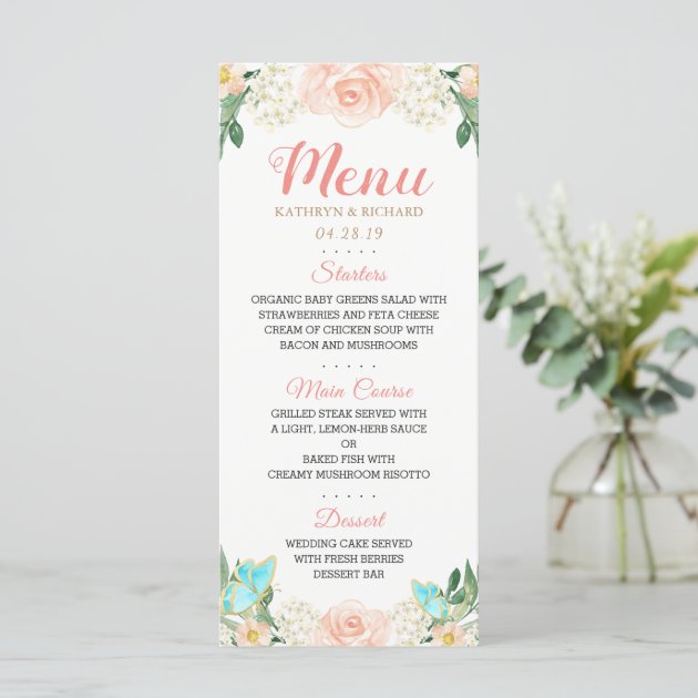 Elegant Watercolor Blush Peach Floral Wedding Menu