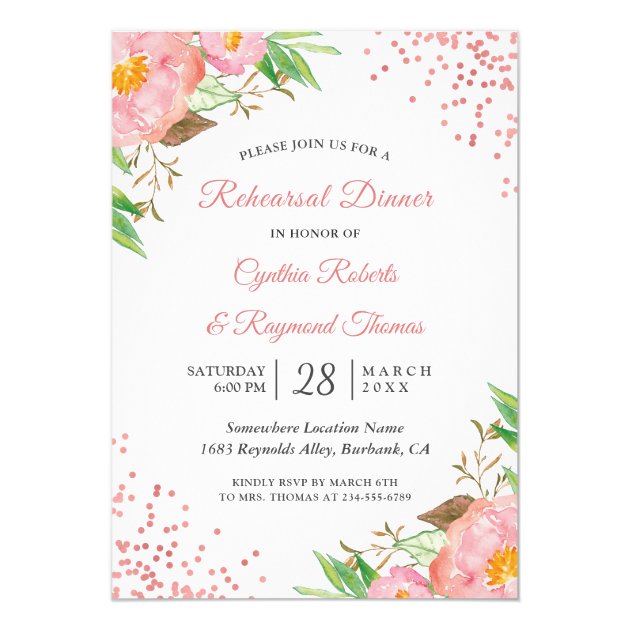 Elegant Chic Pink Floral Confetti Rehearsal Dinner Invitation