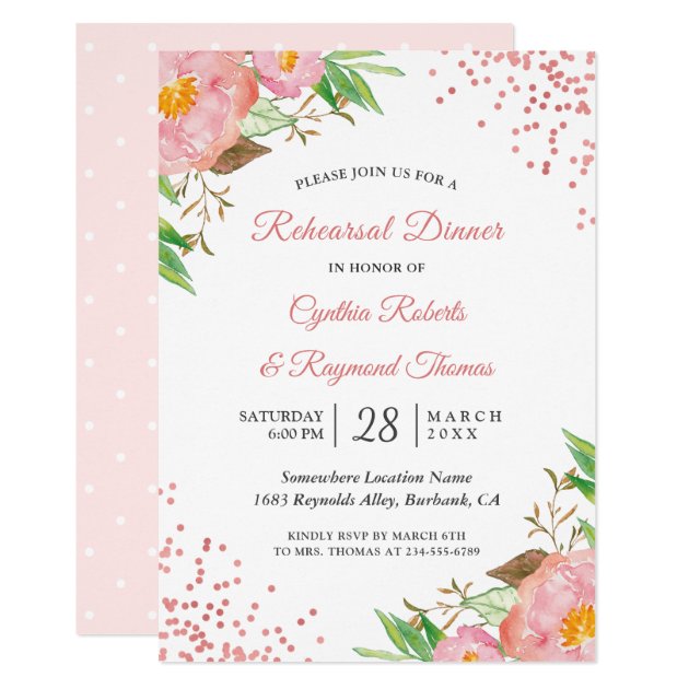 Elegant Chic Pink Floral Confetti Rehearsal Dinner Invitation