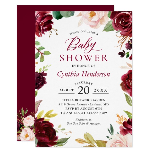 New! Lovely Cute Blush Burgundy Floral Baby Shower Invitation