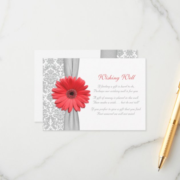 Coral Daisy Grey Damask Wedding Wishing Well Card