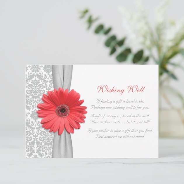 Coral Daisy Grey Damask Wedding Wishing Well Card