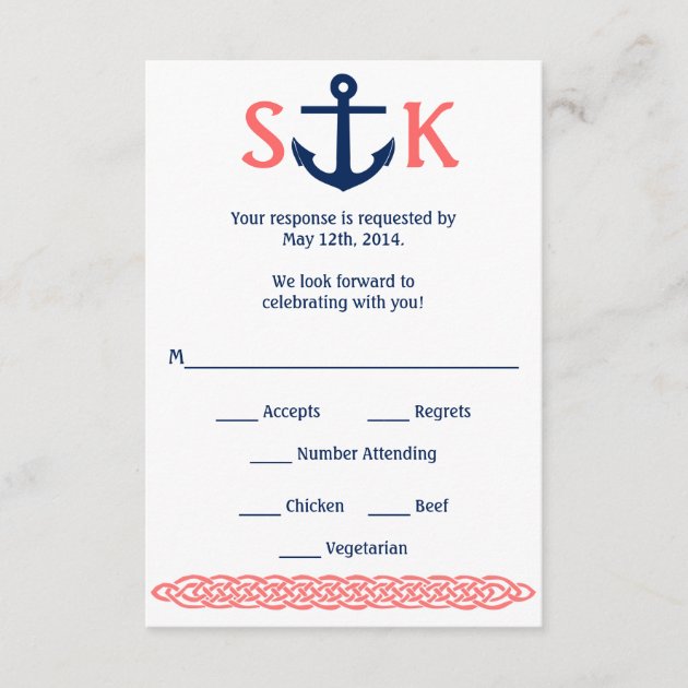 Nautical Anchor RSVP Card Navy and Coral