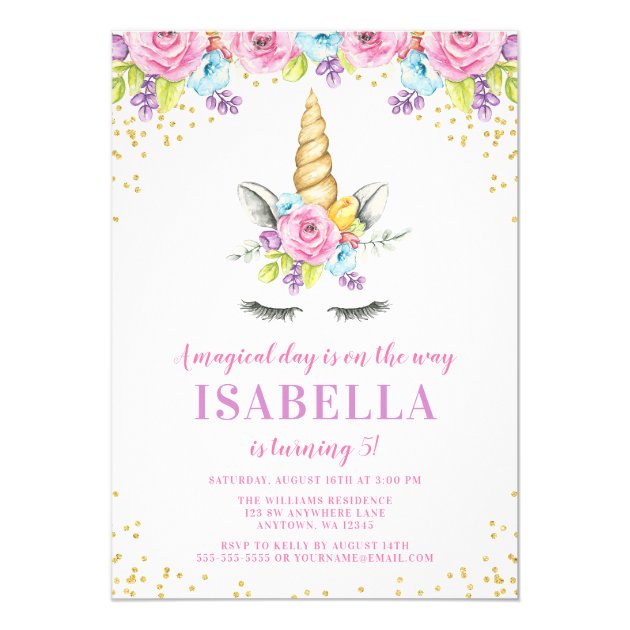 Watercolor Floral Unicorn Birthday Invitations