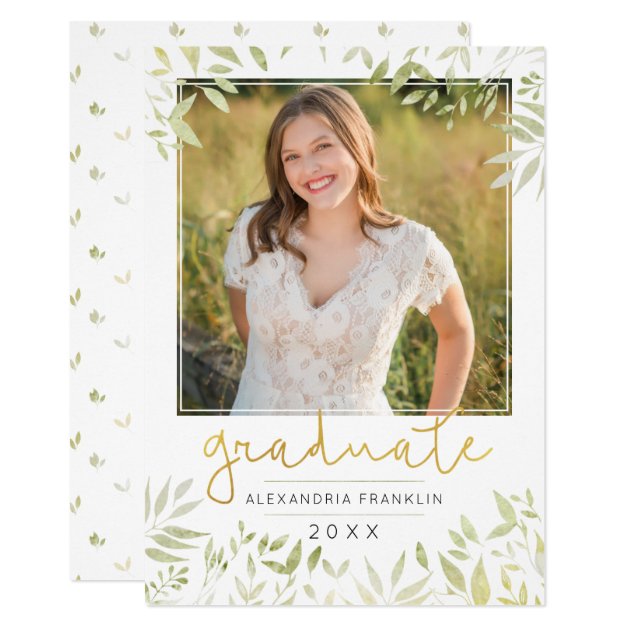 Watercolor Nature Leaves & Gold Graduate Photo Card