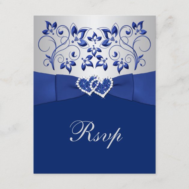 Royal Blue, Silver Floral, Hearts Wedding RSVP