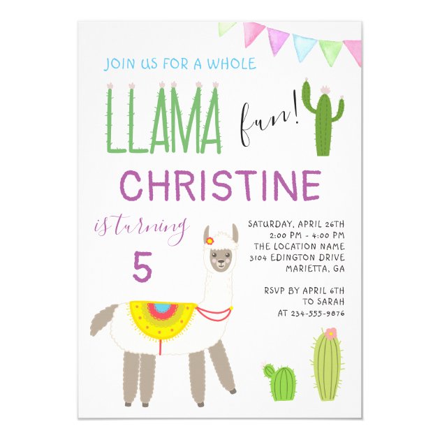 Cute Whole Llama Fun Kids Birthday Invitation