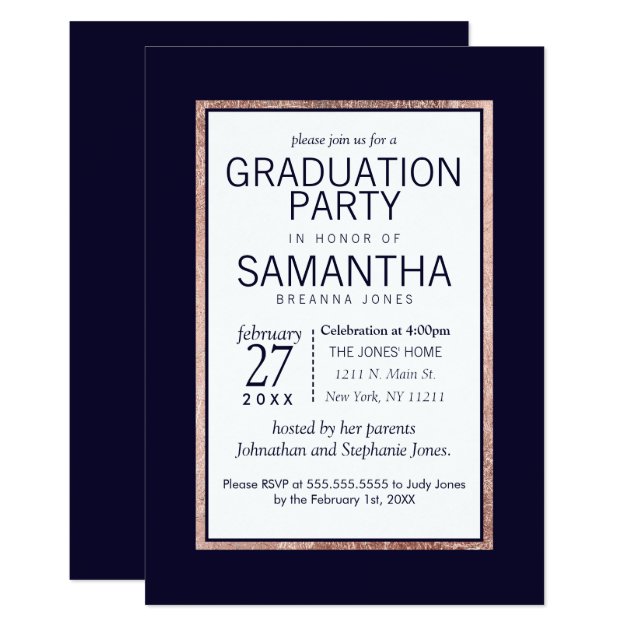 Simple Rose Gold Lined Navy Blue Graduation Party Invitation