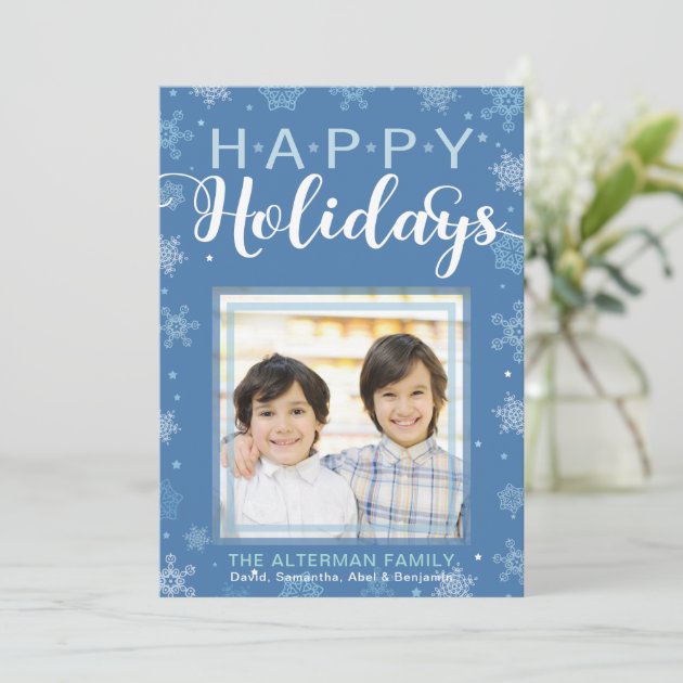 Blue Snowflake And Stars Happy Holidays Photo Card