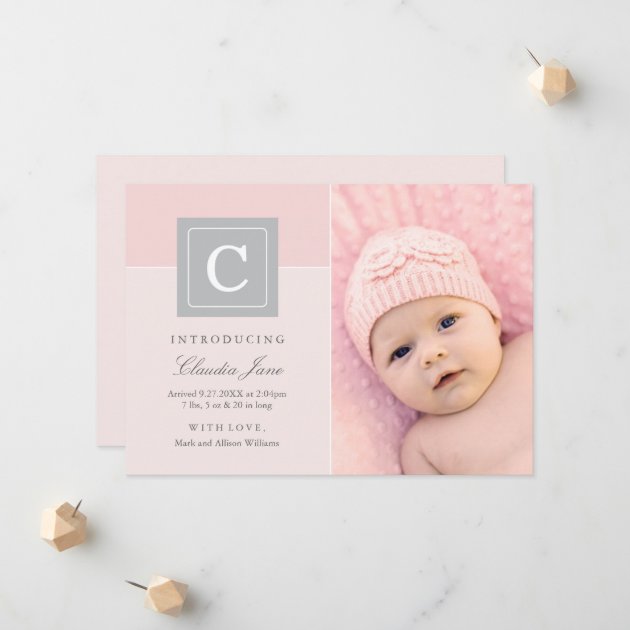 Girl Photo Birth Announcement Card | Letter Block