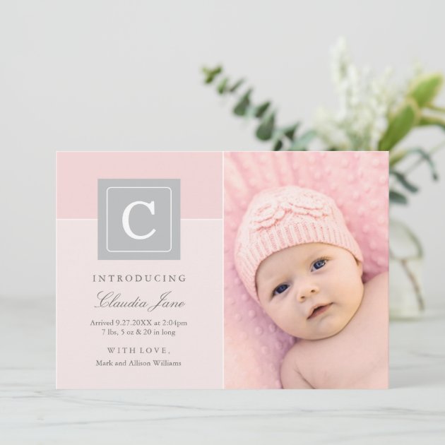 Girl Photo Birth Announcement Card | Letter Block