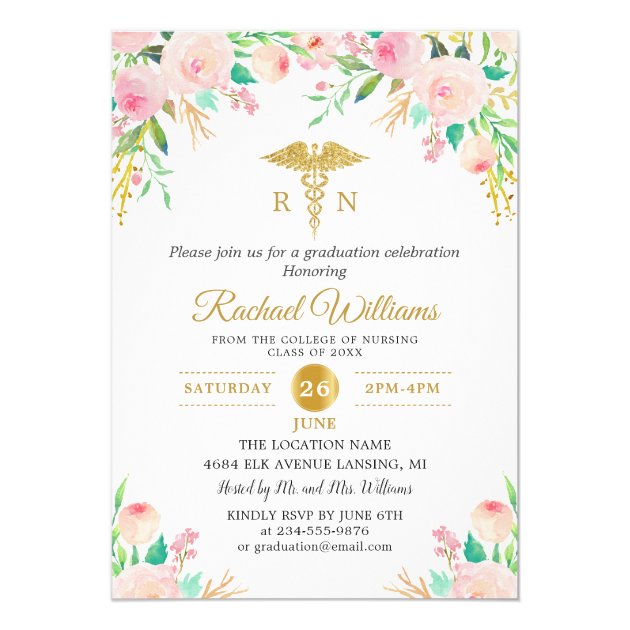 Pink Watercolor Floral Gold Nurse Graduation Party Invitation