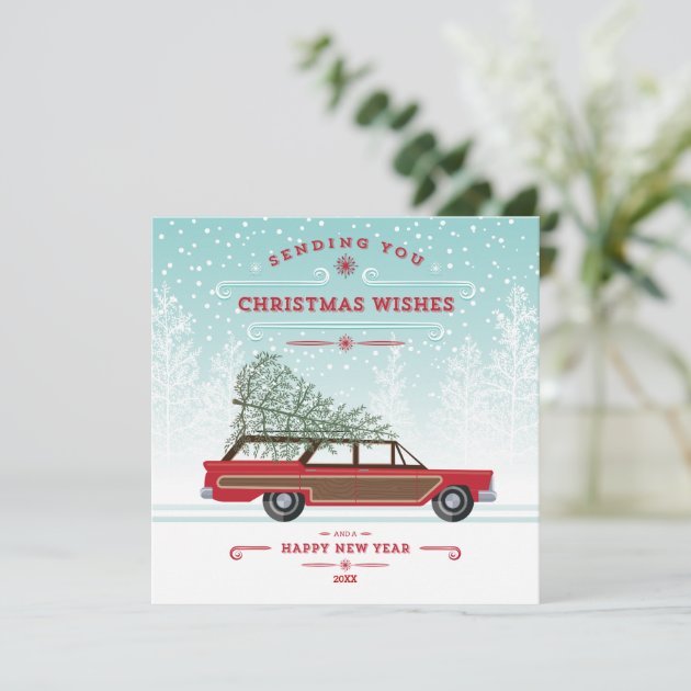 Cool Retro Car With Tree Christmas Photo Card