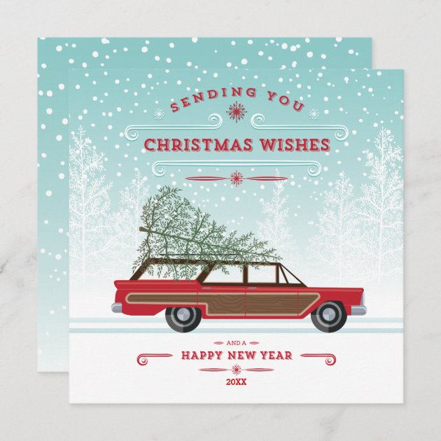 Cool Retro Car With Tree Christmas Photo Card