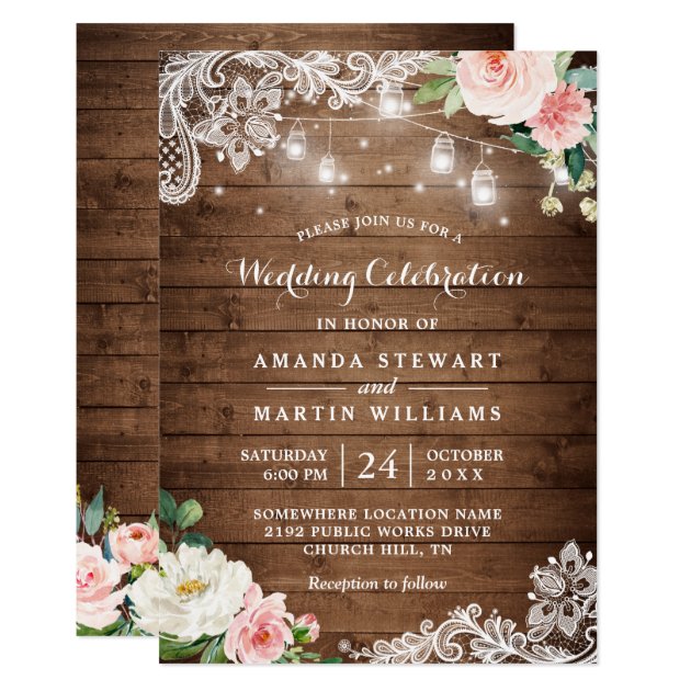 Rustic Floral String Lights Wedding Celebration Invitation