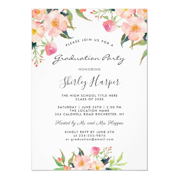 Elegant Watercolor Pink Floral Graduation Party Invitation
