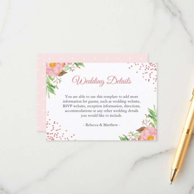 Watercolor Blush Pink Floral Wedding Details Info Enclosure Card