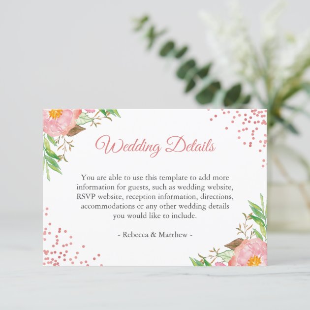 Watercolor Blush Pink Floral Wedding Details Info Enclosure Card