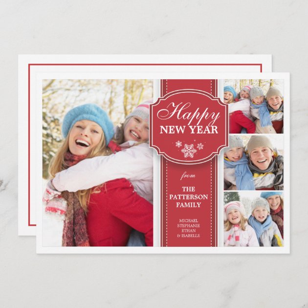 Elegant  Red & White 4 Photo New Year Photocard Holiday Card