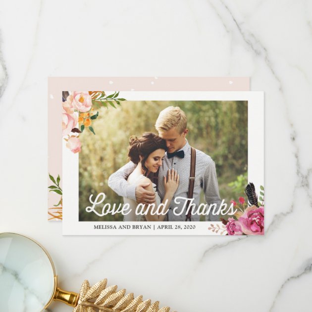 Rustic Boho Floral Wedding Photo Love And Thanks Thank You Card
