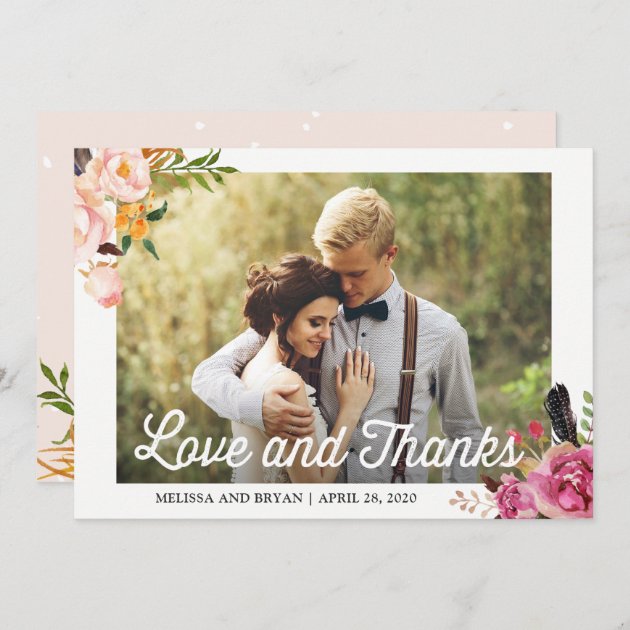 Rustic Boho Floral Wedding Photo Love And Thanks Thank You Card