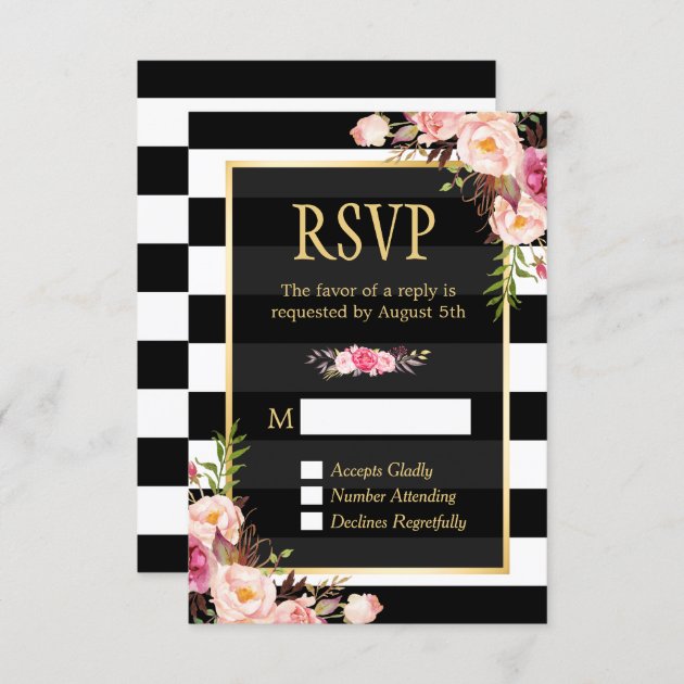 Vintage Floral Wrapping B&W Stripes RSVP Reply