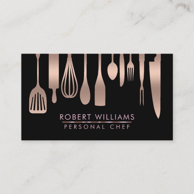 Rose Gold Chef Kitchen Tools Glitter Faux Catering Business Card