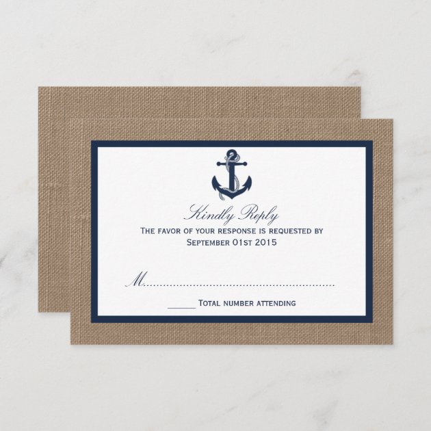 The Navy Anchor On Burlap Beach Wedding Collection RSVP Card