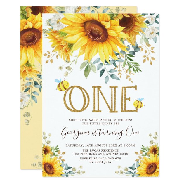 Honey Bee Sunflower 1st Birthday Summer Floral Invitation