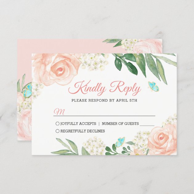 Elegant Blush Peach Watercolor Floral Wedding RSVP