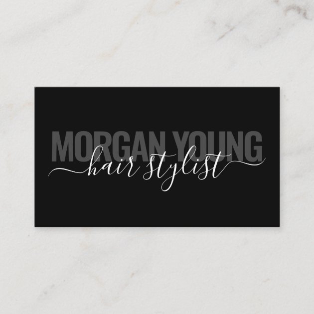 Modern black chic hair stylist script signature business card (front side)
