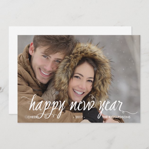 Modern Calligraphy Happy New Year With Photo Holiday Card