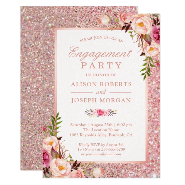 Rose Gold Glitter Pink Floral Engagement Party Invitation