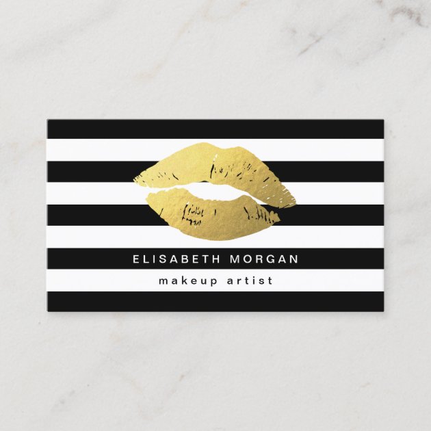Gold Lips with Black White Stripes - Makeup Artist Business Card (front side)