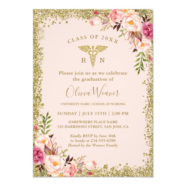 Blush Pink Gold Glitters Nursing School Graduation Invitation