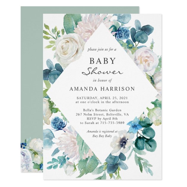 Sage Green Blue White Botanical Floral Baby Shower Invitation